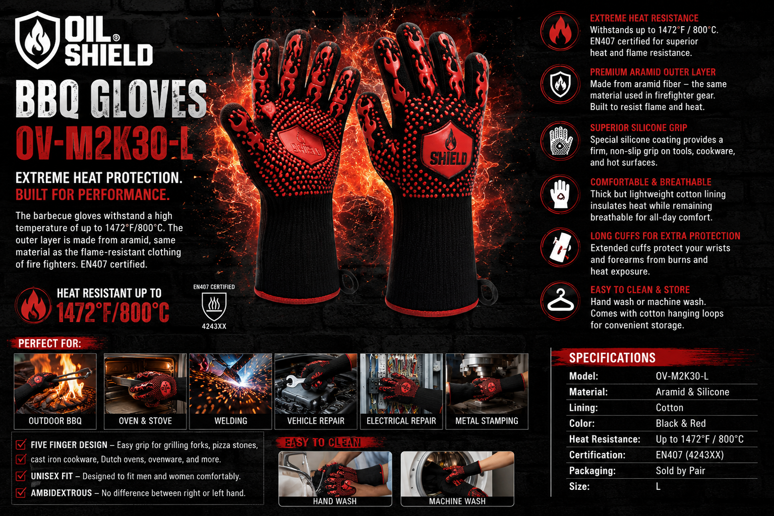 BBQ Gloves, Heat Resistant Oven Mitts Grilling Gloves