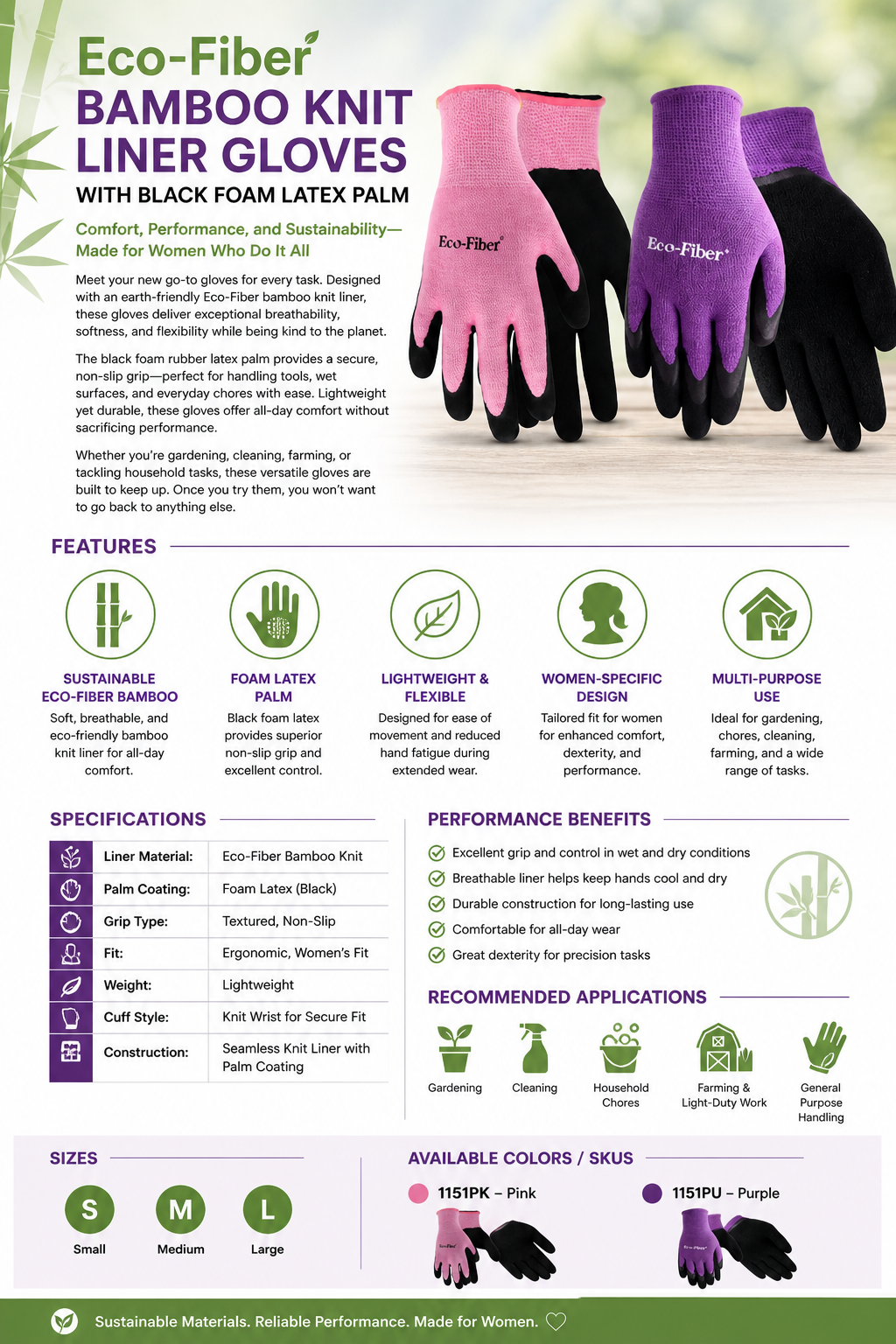 Women's Multi-Purpose Gloves, Eco Fiber, Bamboo Foam Rubber/Latex