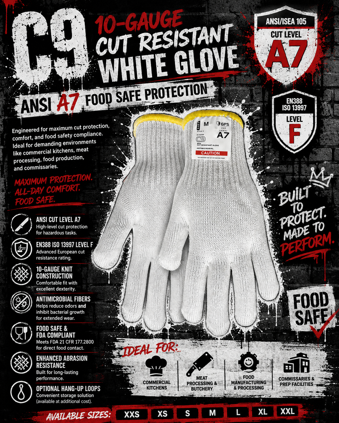 C9 10-Gauge Cut Resistant Gloves ANSI A7 | Food Safe