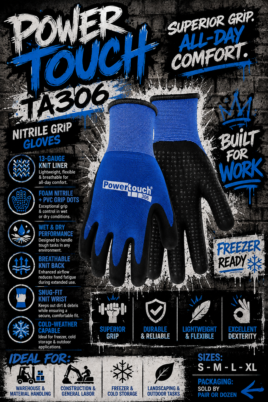 PowerTouch TA306 Nitrile Grip Gloves – 13 Gauge Knit, PVC Dots
