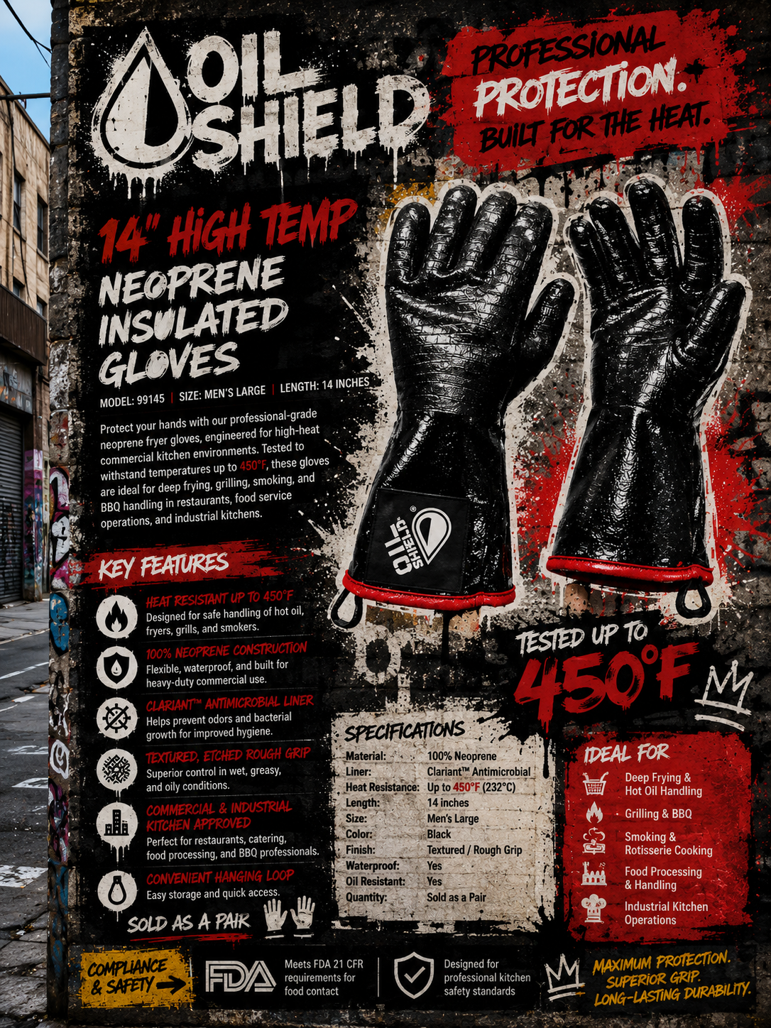 Oil Shield®, 14" (99145) High Temp Neoprene Insulated Gloves, Men's Size L