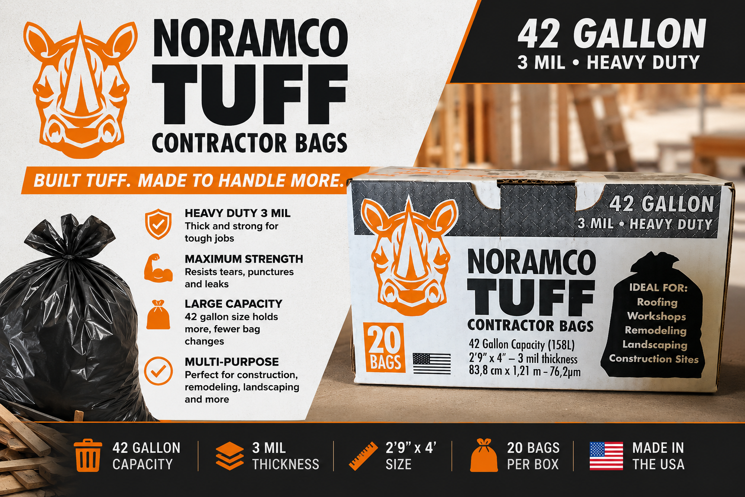 Tuff Contractor Bags - 42 Gallon Heavy Duty Trash Bags