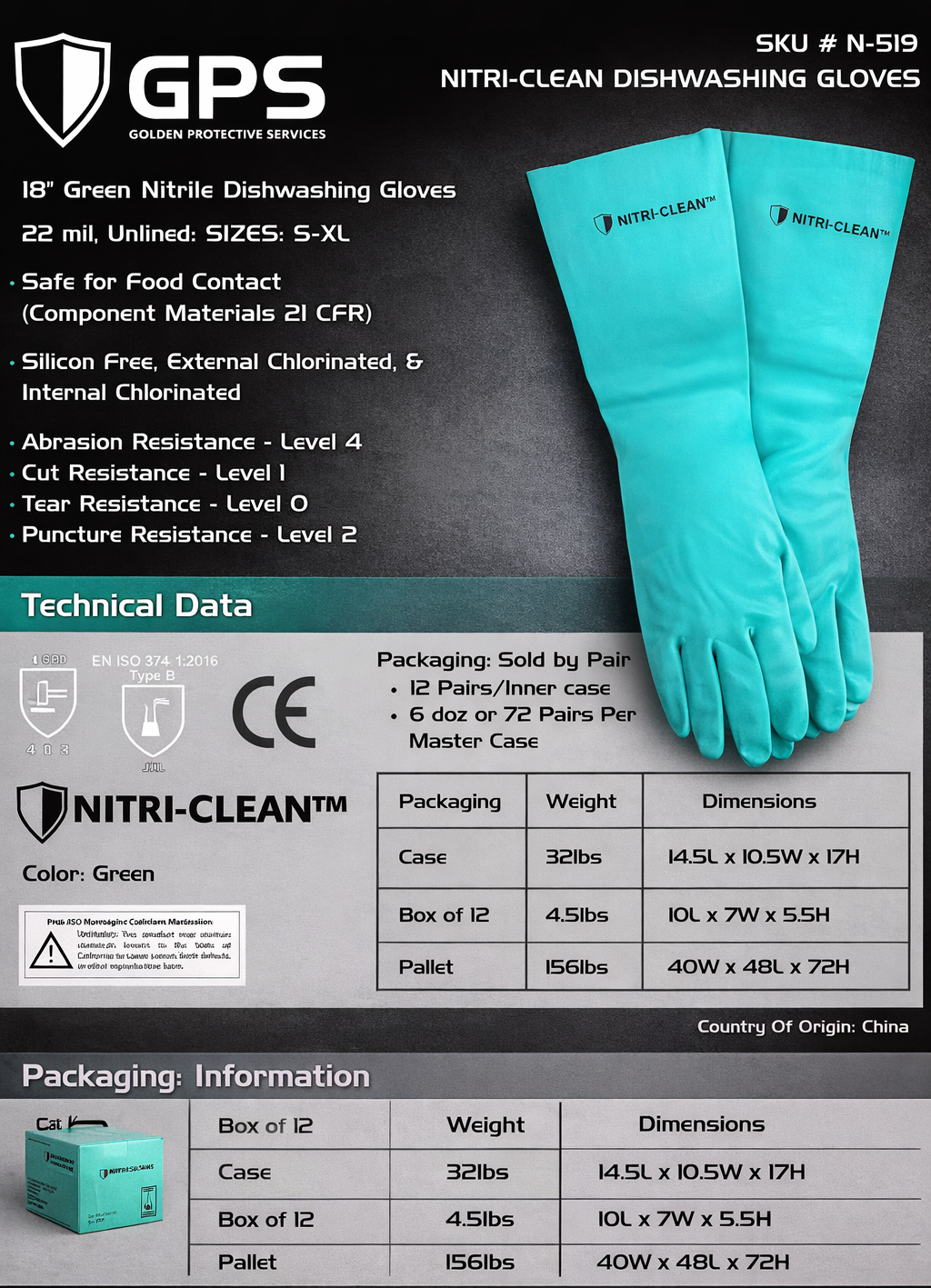 Nitri-Clean™, Green Nitrile Dishwashing Gloves, 22 mil, 18"