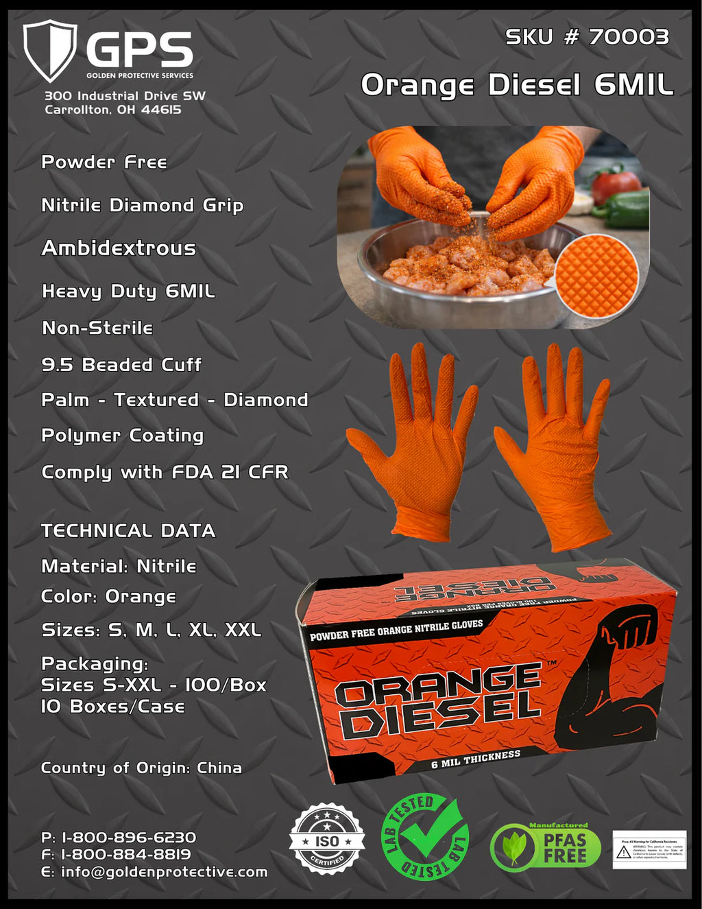 The Orange Diesel®, Powder Free Nitrile Disposable Gloves, 6 Mil