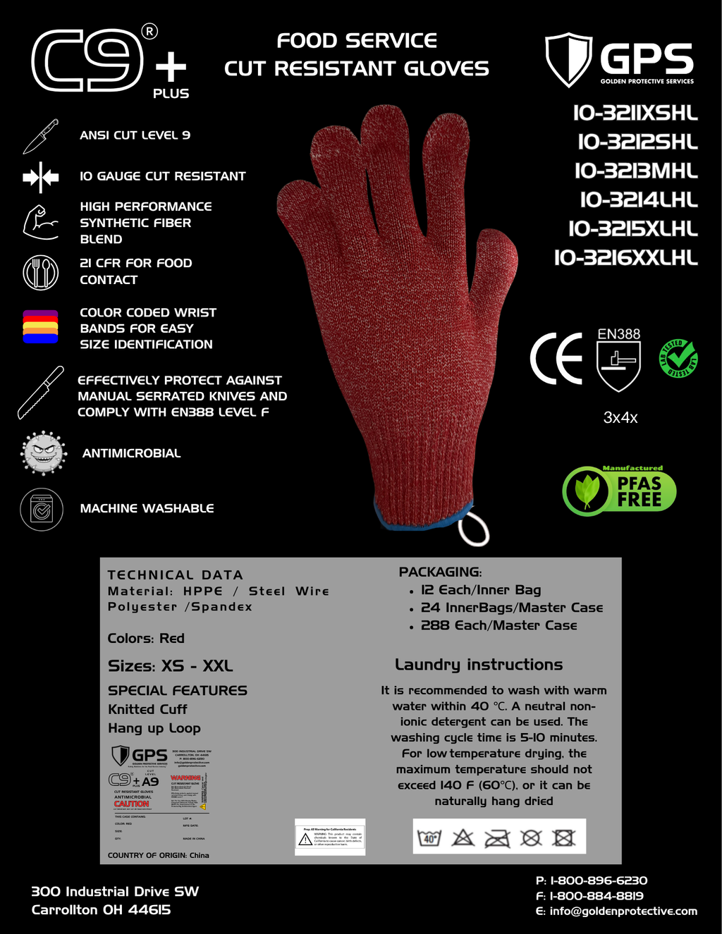 C9+ 10 Gauge Red Cut Resistant Gloves